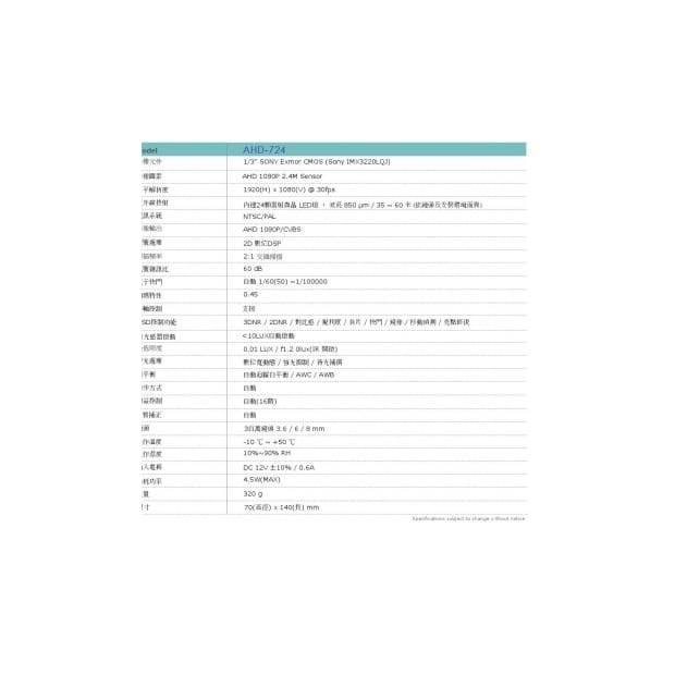 AHD-724 AHD 1080P 雷射微晶陣列攝影機 HD-AHD (1080P) 高清攝影機