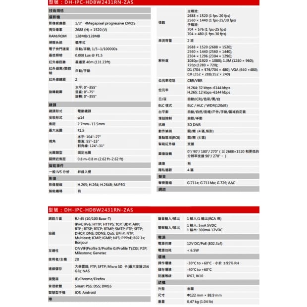 大華  DH-IPC-HDBW2431RN-ZAS 4MP WDR紅外線半球型網路攝影機 大華  DH-IPC-HDBW2431RN-ZAS 4MP WDR紅外線半球型網路攝影機