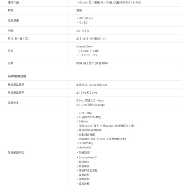 TP-LINK EAP620 HD V1 AX1800 吸頂式 Wi-Fi 6 基地台 / 無線AP