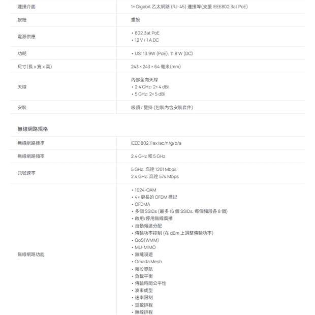 TP-LINK EAP610 V1 AX1800 吸頂式 Wi-Fi 6 基地台 / 無線AP
