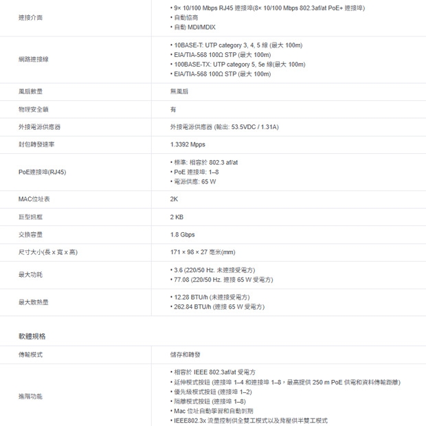 TP-LINK TL-SF1009P 9 埠 10/100Mbps 桌上型交換器(含 8 埠 PoE+) TP-LINK TL-SF1009P 9 埠 10/100Mbps 桌上型交換器(含 8 埠 PoE+)