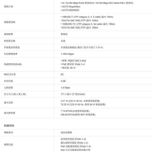 TP-LINK TL-SF1008P 8 埠 10/100Mbps 桌上型交換器 (含 4 埠 PoE+) TP-LINK TL-SF1008P 8 埠 10/100Mbps 桌上型交換器 (含 4 埠 PoE+)