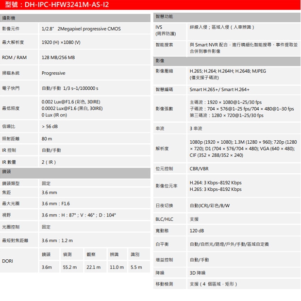 大華dahua DH-IPC-HFW3241M-AS-I2 1080P 紅外線定焦槍型網路攝影機 大華dahua DH-IPC-HFW3241M-AS-I2 1080P 紅外線定焦槍型網路攝影機