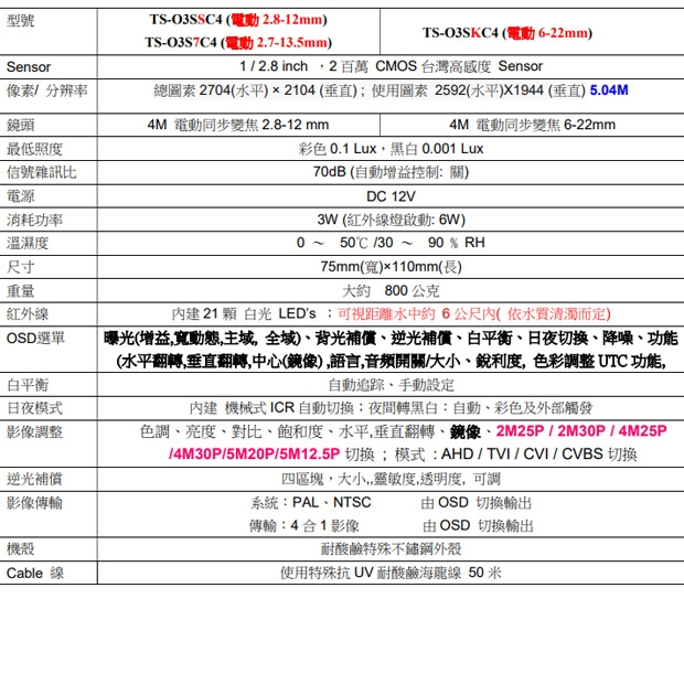 TS-O3SSC4 500萬像素 電動變焦2.8-12mm 耐酸鹼環境水中專用白光攝影機 TS-O3SSC4 500萬像素 電動變焦2.8-12mm 耐酸鹼環境水中專用白光攝影機