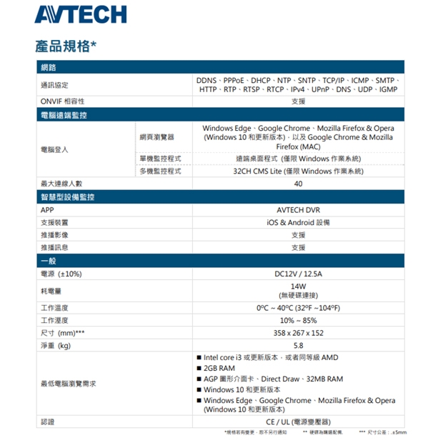 AVTECH 陞泰 DGH8516AX(US)-U1 16 路網路型錄影主機 (支援安裝8顆硬碟)