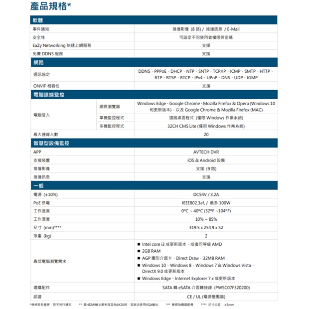 AVTECH 陞泰 AVH2109AIX(US)-U1 AI 智慧偵測 9 路 H.265 網路型錄影主機