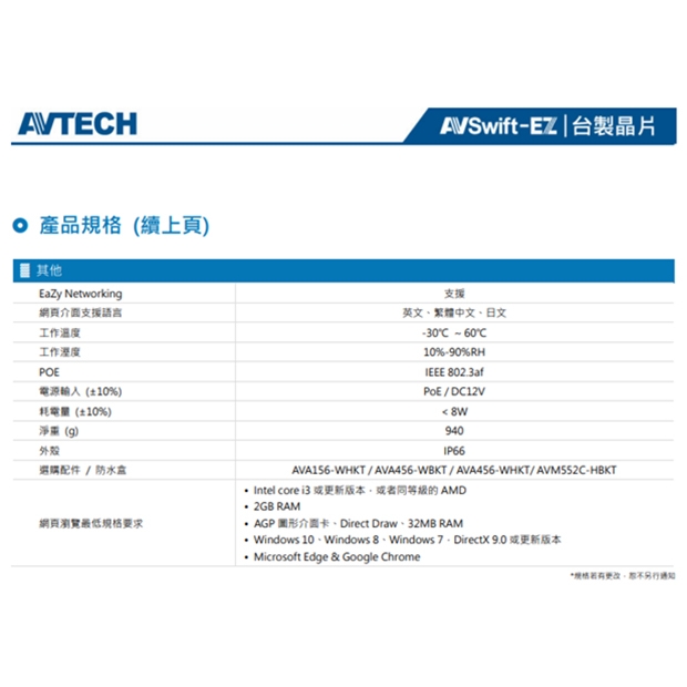 AVTECH 陞泰 DGM5643SVT H.265 五百萬畫素電動變焦紅外線槍型網路攝影機