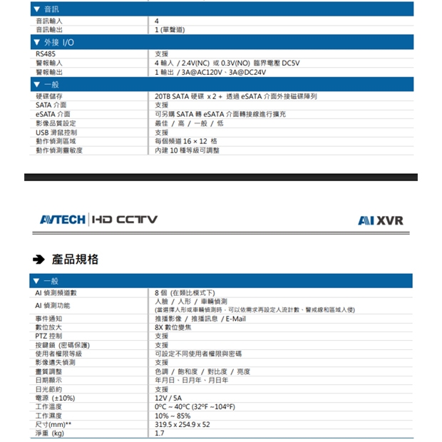 AVTECH 陞泰 DGD2017AIX(US)-U1 AI 智慧偵測五合一 16 路 XVR