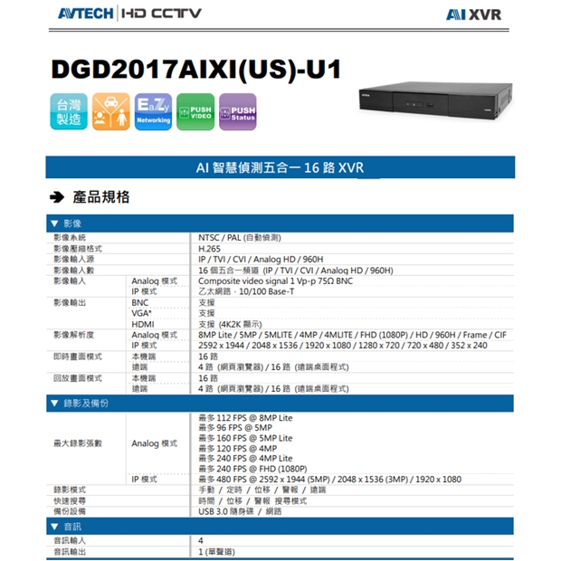 AVTECH 陞泰 DGD2017AIXI(US)-U1 AI 智慧偵測五合一 16 路 XVR