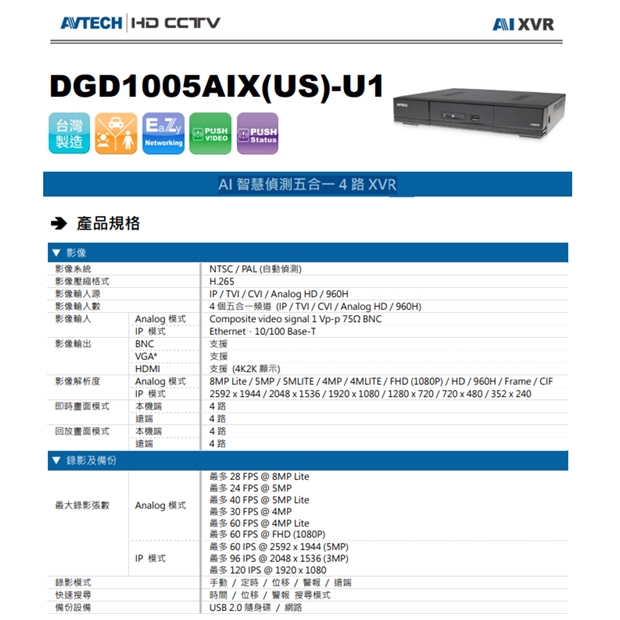 AVTECH 陞泰 DGD1005AIX(US)-U1 AI 智慧偵測五合一 4 路 XVR