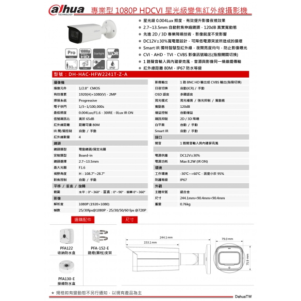 大華dahua DH-HAC-HFW2241T-Z-A 專業型1080P HDCVI星光級變焦紅外線攝影機1.jpg
