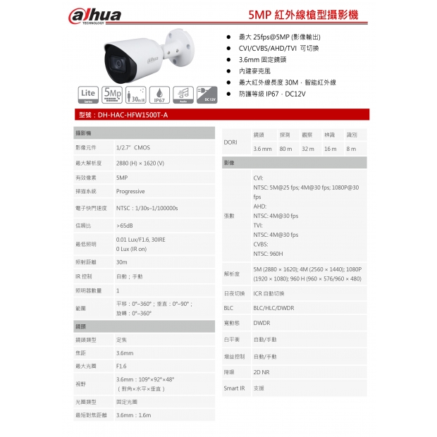 大華dahua DH-HAC-HFW1500T-A 5MP HDCVI紅外線槍型攝影機1.jpg