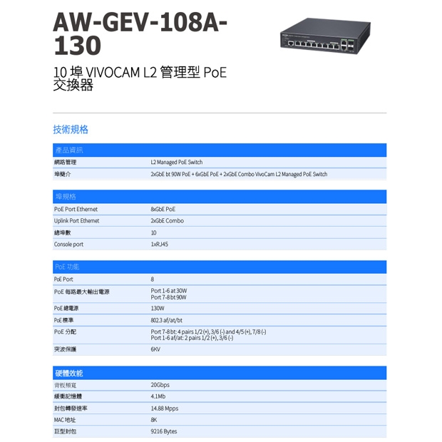 VIVOTEK AW-GEV-108A-130 10 埠 VIVOCAM L2 管理型 PoE 交換器.1.jpg