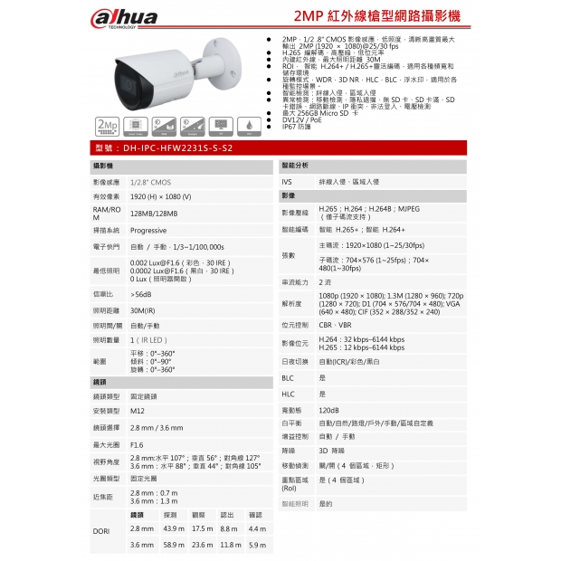 大華dahua DH-IPC-HFW2231S-S-S2 2MP Lite紅外定焦槍型網絡攝影機1.jpg