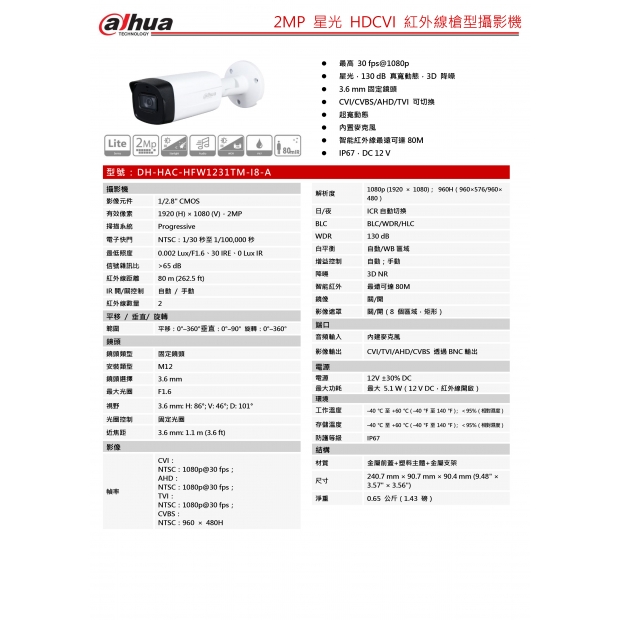 大華dahua DH-HAC-HFW1231TM-I8-A 2MP 星光 HDCVI 紅外線槍型攝影機1.jpg