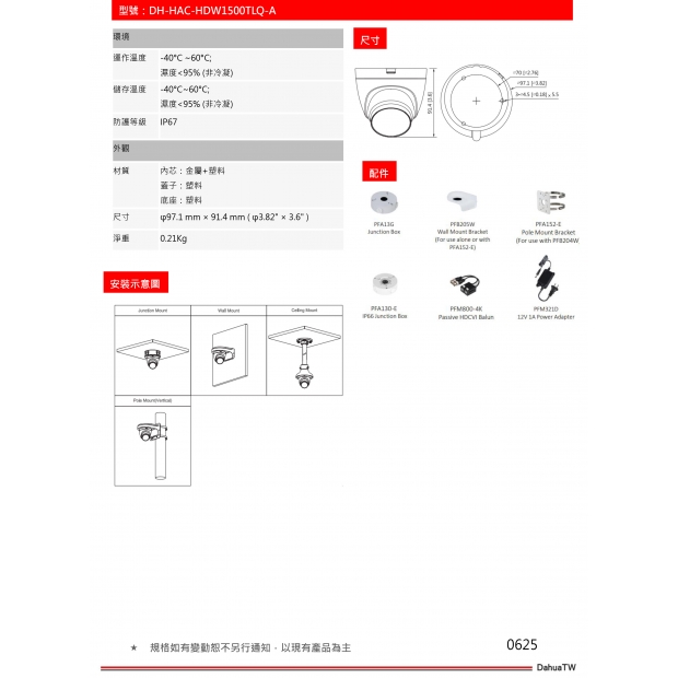 大華dahua DH-HAC-HDW1500TLQ-A 5MP星光紅外半球攝影機2.jpg