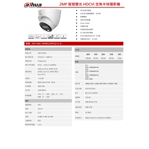大華dahua DH-HAC-HDW1239TLQN-IL-A 2MP 智慧雙光 HDCVI 定焦半球攝影機1.jpg