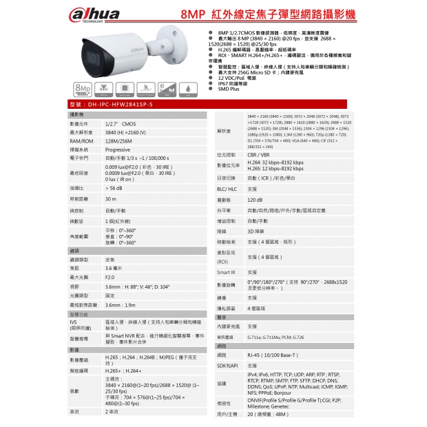大華dahua DH-IPC-HFW2841SP-S 8MP 紅外線定焦槍型網路攝影機1.jpg