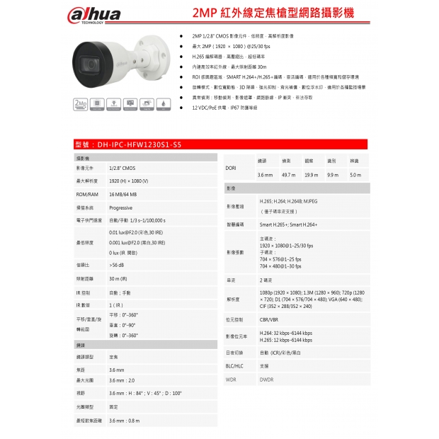 大華dahua DH-IPC-HFW1230S1-S5 2MP紅外線定焦槍型網路攝影機1.jpg
