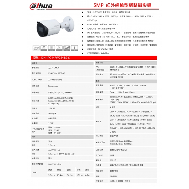 大華dahua DH-IPC-HFW2541S-S 5MP 紅外線槍型網路攝影機1.jpg