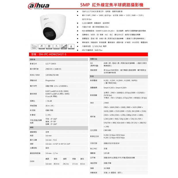 大華dahua DH-IPC-HDW2541T-S 5MP 紅外線定焦半球網路攝影機1.jpg