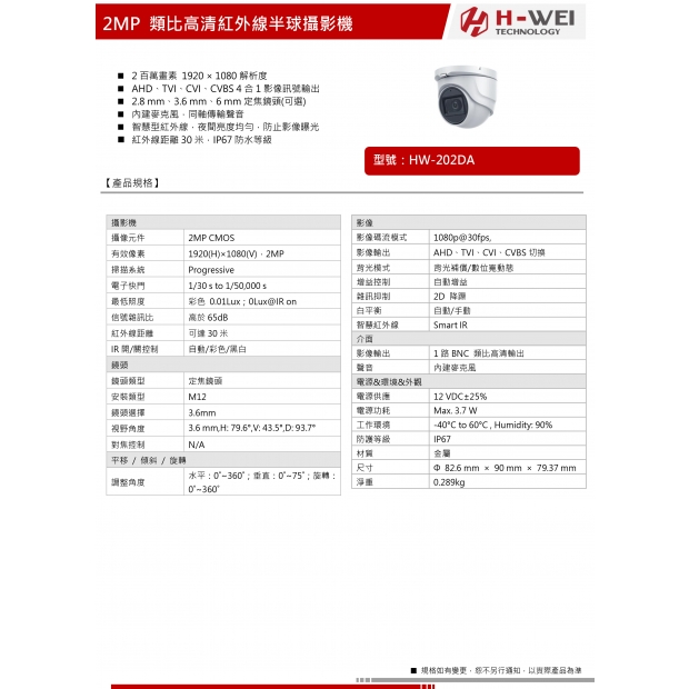 HW-202DA 2MP 類比高清紅外線半球攝影機1.jpg