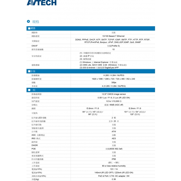 AVTECH 陞泰 DGM2103ASV 2百萬H.265星光級紅外線槍型網路型攝影機2.jpg