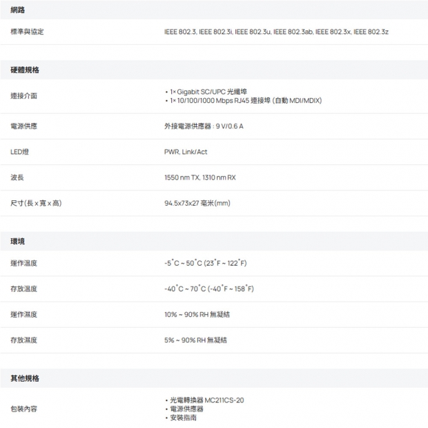 TP-LINK MC211CS-20 Omada Gigabit WDM 光電轉換器_單模單芯_.1.jpg