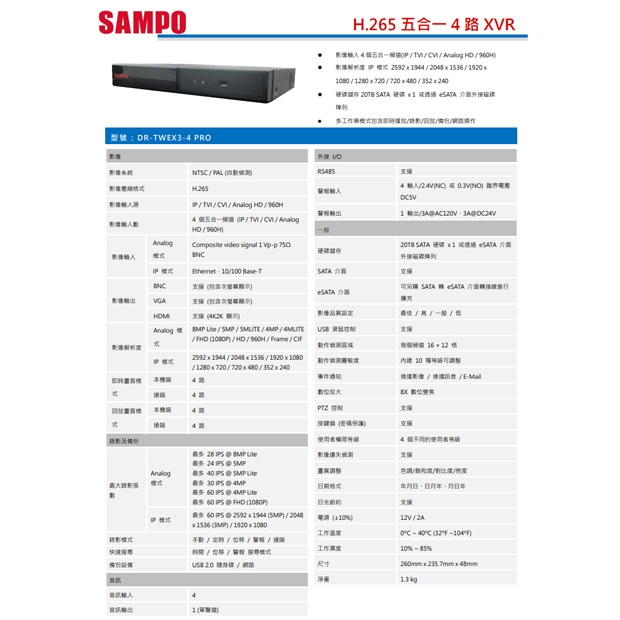 聲寶 DR-TWEX3-4 PRO 5MP H.265 eSATA 介面 五合一 4路XVR.1.jpg
