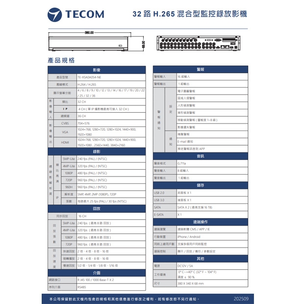 東訊 TE-XSA0A054-NE 32 路H.265 混合型監控錄放影機.2.jpg