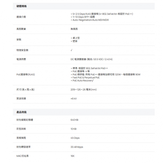 TP-LINK ES206XPP-M2 Omada 5 埠 2.5GBASE-T 和 1 埠 10GE SFP+ 簡易管理型交換器 (含 4 埠 PoE++)