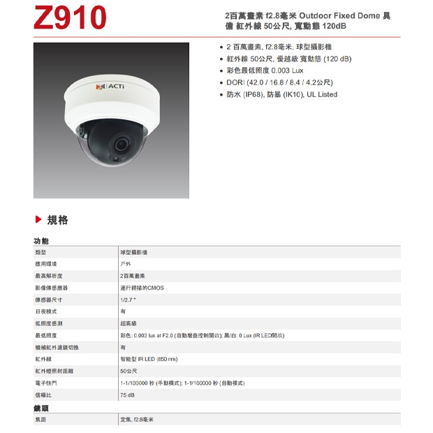 ACTi Z910 2百萬畫素 f2.8毫米 球型攝影機.1.jpg