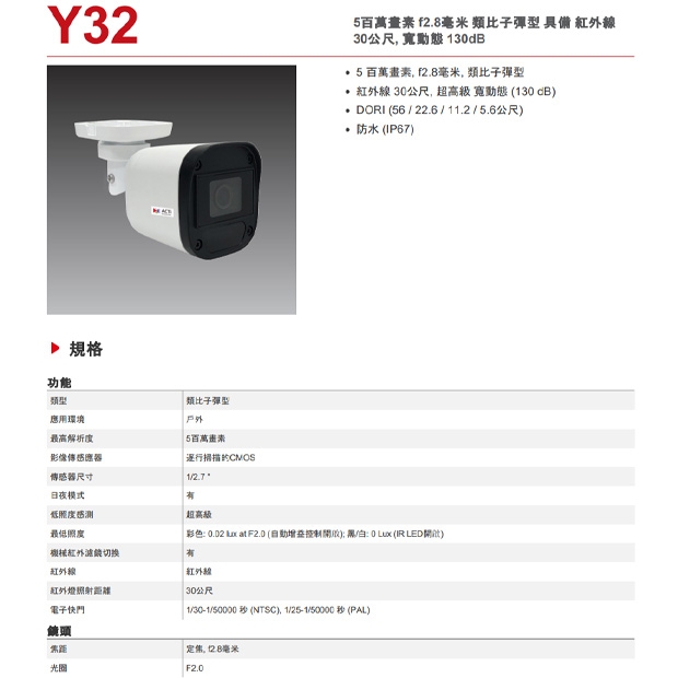 ACTi Y32 5 百萬畫素 f2.8毫米 類比子彈型攝影機.1.jpg