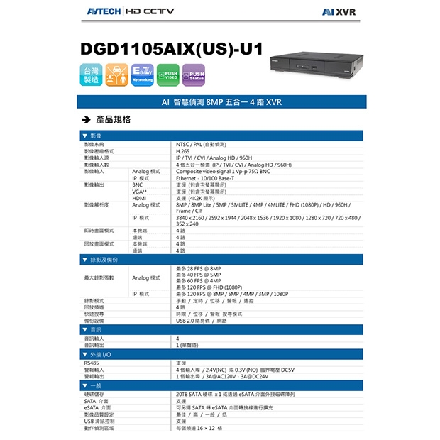 AVTECH 陞泰 DGD1105AIX-U1 AI 智慧偵測8MP五合一4路XVR主機.1.jpg