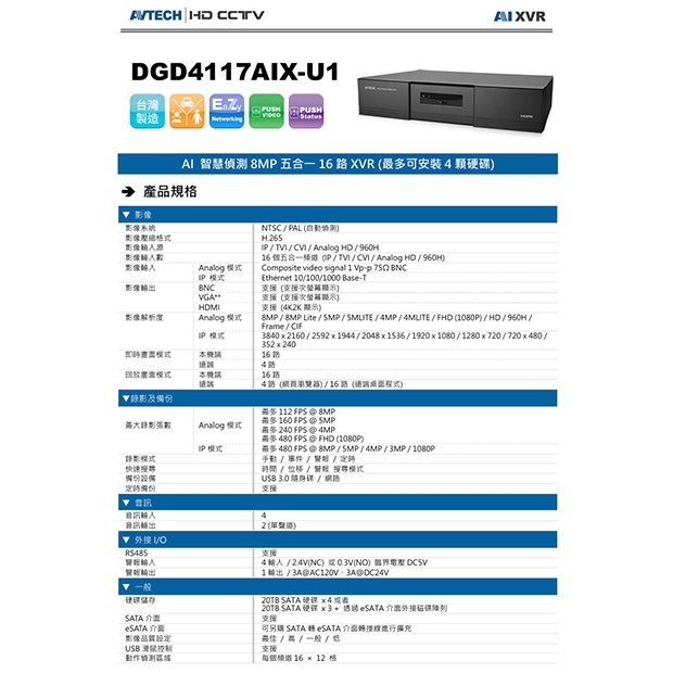 AVTECH 陞泰 DGD4117AIX-U1 AI 智慧偵測8MP五合一16路XVR主機.1.jpg