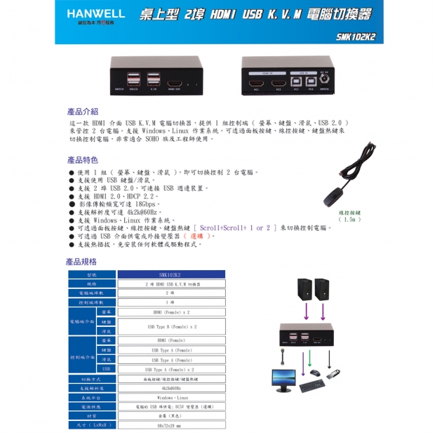HANWELL SMK102K2 2x1 HDMI USB K.V.M 電腦切換器 _ 4K60Hz _.1.jpg
