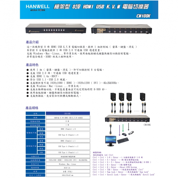 HANWELL CM108K 8x1 HDMI USB K.V.M 電腦切換器 _ 4K30Hz _.1.jpg
