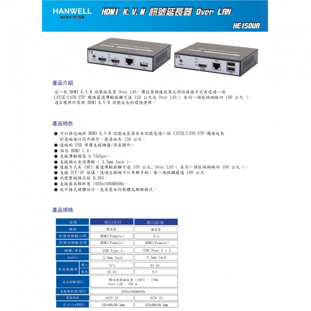 HANWELL HE150UA HDMI K.V.M 訊號 over LAN 延長器 _ 一對多 _.1.jpg
