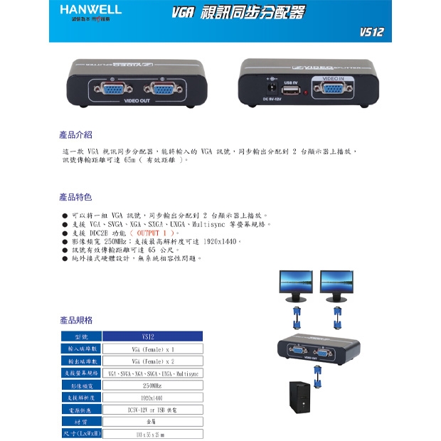 HANWELL VS12 1x2 VGA 訊號同步分配器 _ 250MHz _.1.jpg