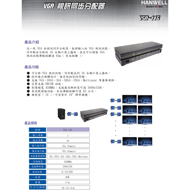 HANWELL VSA-116 1x16 VGA 訊號同步分配器 _ 450MHz _.1.jpg