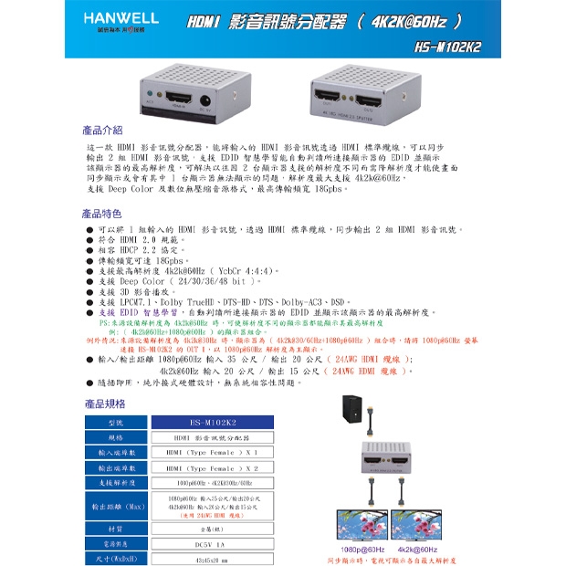 HANWELL HS-M102K2 1x2 HDMI 訊號同步分配器 _ 4K60Hz _.1.jpg