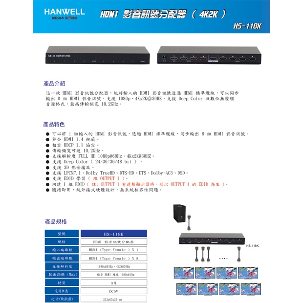 HANWELL HS-118K 1x8 HDMI 訊號同步分配器 _ 4K30Hz _.1.jpg