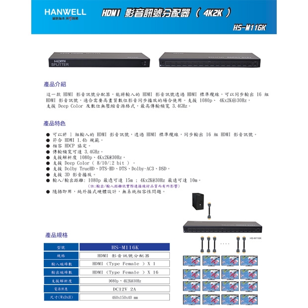 HANWELL HS-M116K 1x16 HDMI 訊號同步分配器 _ 4K30Hz _.1.jpg