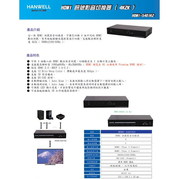 HANWELL HDMI-S401K2 4x1 HDMI 訊號切換器 _ 4K60Hz _.1.jpg
