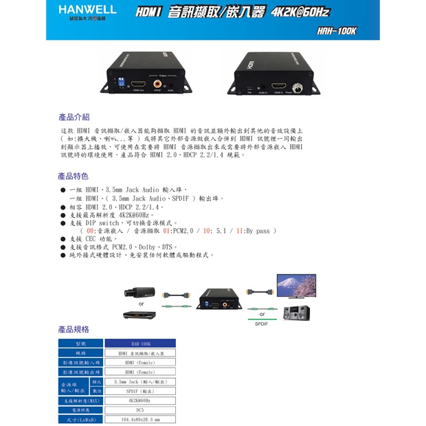 HANWELL HAH-100K HDMI 音訊擷取 嵌入器 _ 4K2K@60Hz _.1.jpg