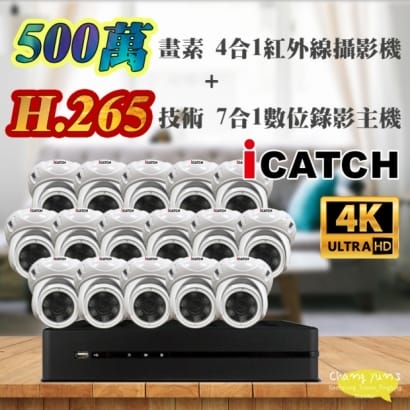 可取 套餐 H.265 16路主機 監視器主機+500萬400萬畫素 半球型紅外線攝影機*16