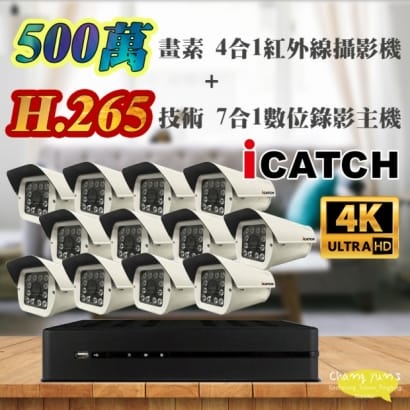 可取 套餐 H.265 16路主機 監視器主機+500萬400萬畫素 戶外型紅外線攝影機*12