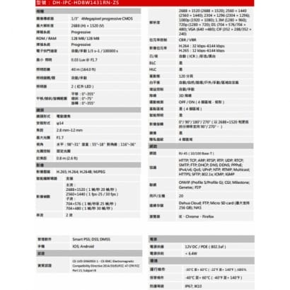 大華  DH-IPC-HDBW1431RN-ZS 4MP紅外線半球型網路攝影機