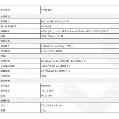 TTP111HDLF 高清影像雙絞線傳輸器