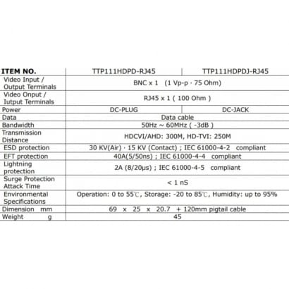 TTP111HDPD-RJ45-K 高清影像/電源/控制訊號雙絞線傳輸器